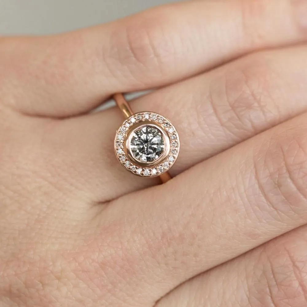 1.08ct Round Salt and Pepper Diamond Rose Gold Bezel Set Halo