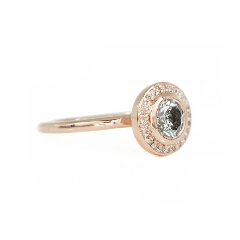 1.08ct Round Salt and Pepper Diamond Rose Gold Bezel Set Halo