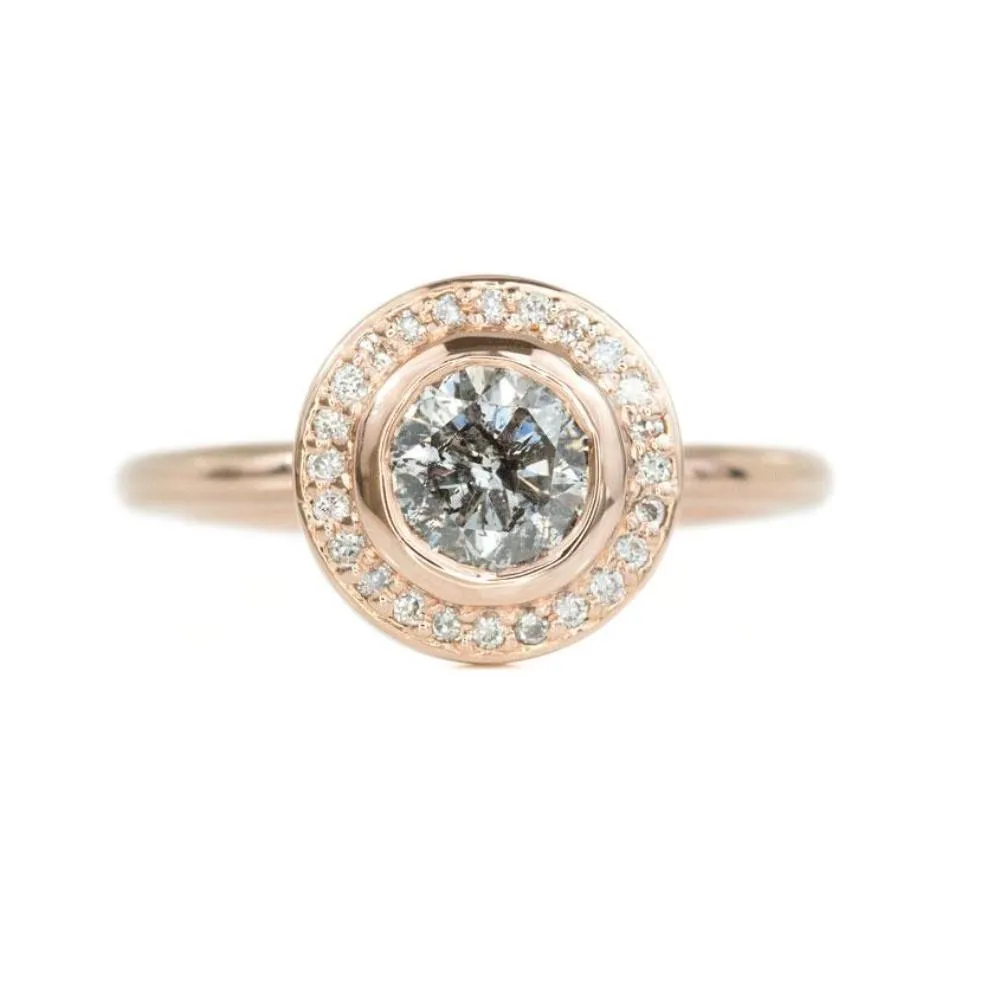 1.08ct Round Salt and Pepper Diamond Rose Gold Bezel Set Halo