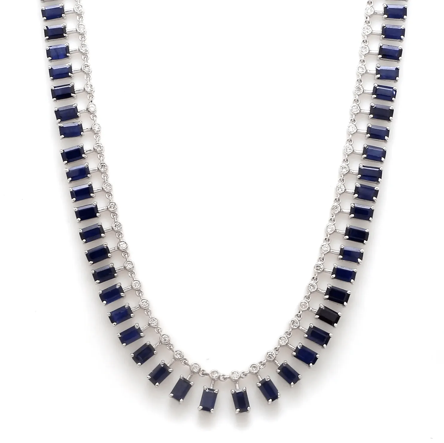 14K & 18K Diamond & Blue Sapphire Baguette Necklace, Large