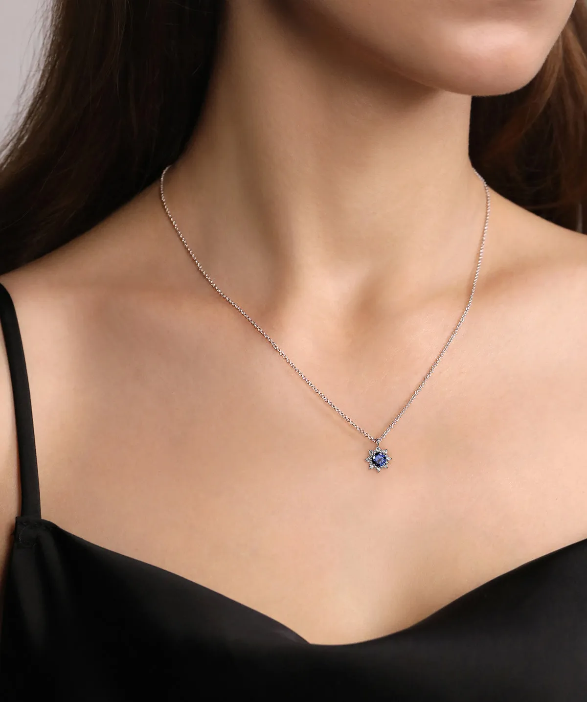 14K White Gold Diamond and Blue Sapphire Fashion Pendant Necklace