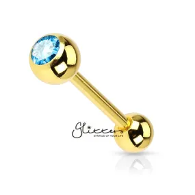 18K Gold I.P Over Surgical Steel Tongue Bar with Single Aqua Crystal