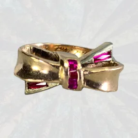 1940s Ruby Bow Shaped Ring set in 14K Yellow Gold. July Birthstone. 15th Anniversary Gift.