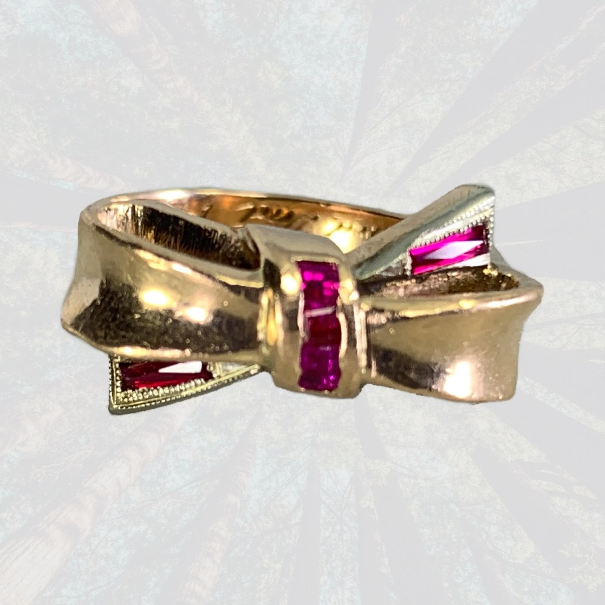 1940s Ruby Bow Shaped Ring set in 14K Yellow Gold. July Birthstone. 15th Anniversary Gift.