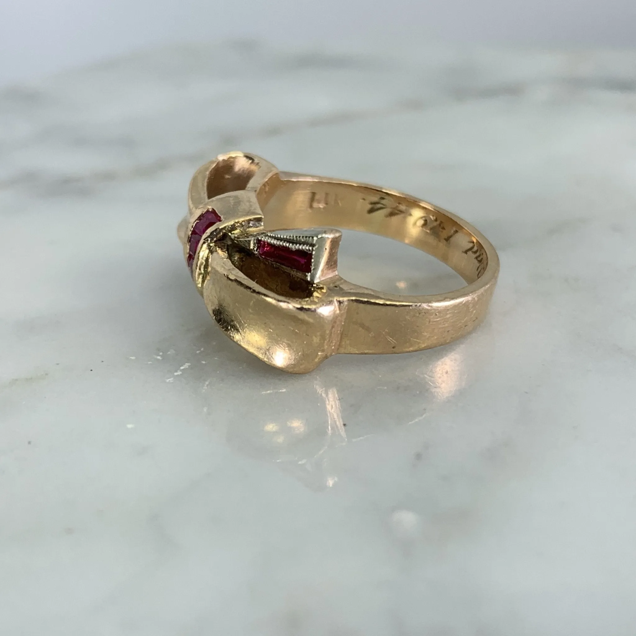 1940s Ruby Bow Shaped Ring set in 14K Yellow Gold. July Birthstone. 15th Anniversary Gift.