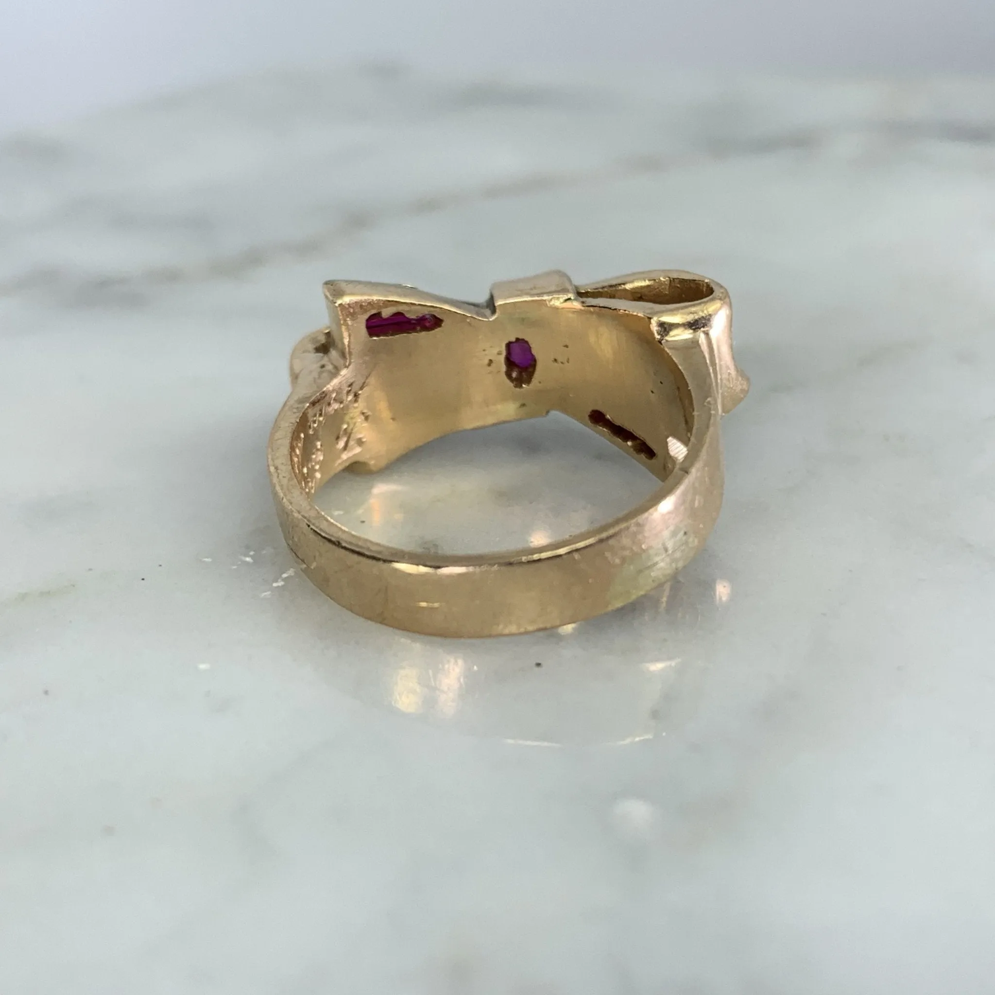 1940s Ruby Bow Shaped Ring set in 14K Yellow Gold. July Birthstone. 15th Anniversary Gift.