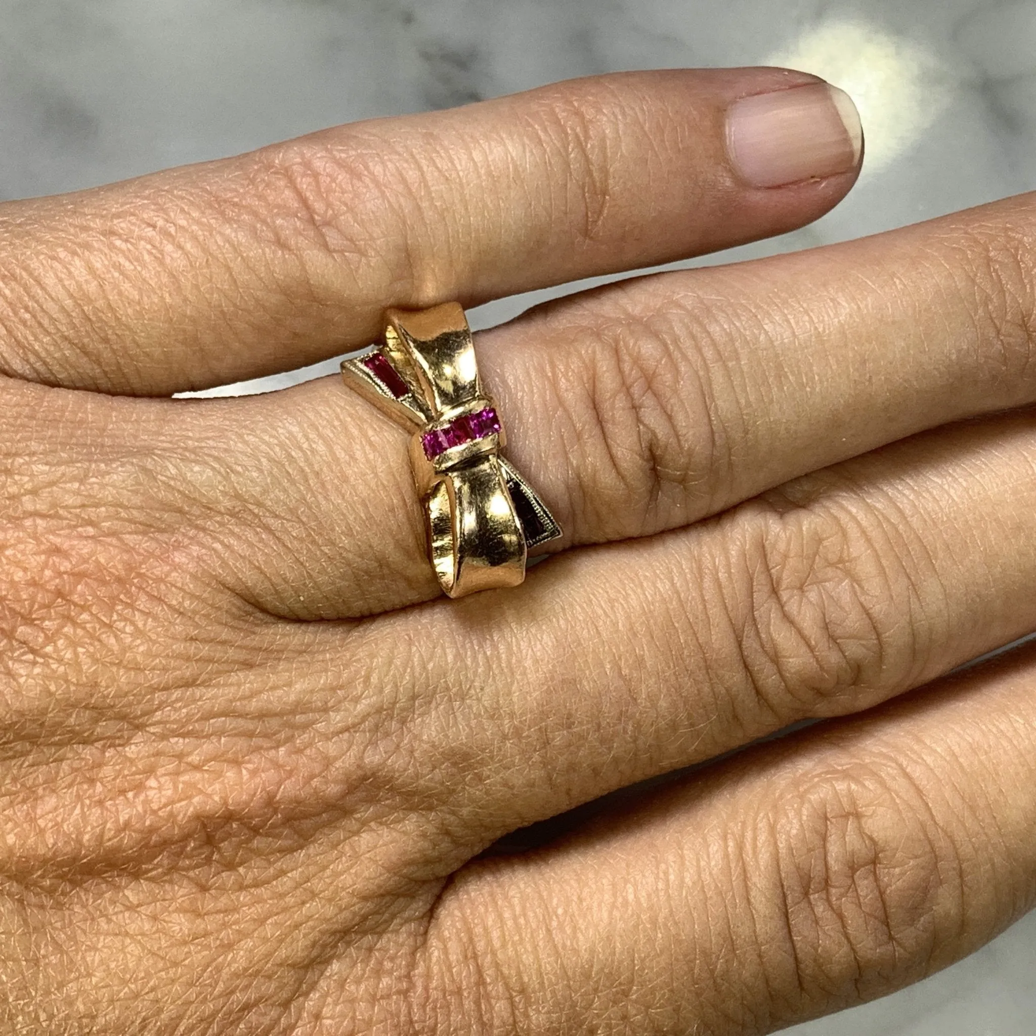 1940s Ruby Bow Shaped Ring set in 14K Yellow Gold. July Birthstone. 15th Anniversary Gift.