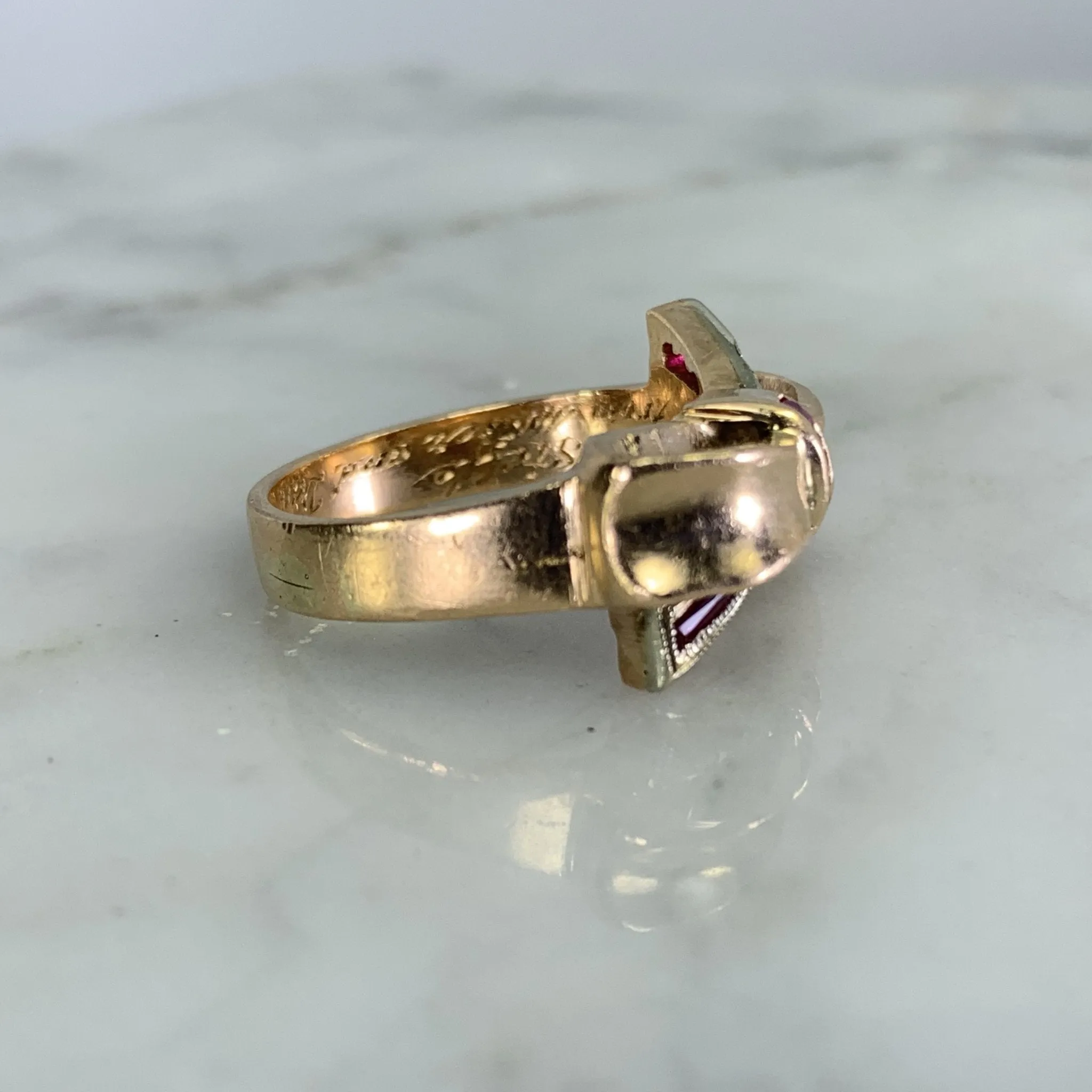 1940s Ruby Bow Shaped Ring set in 14K Yellow Gold. July Birthstone. 15th Anniversary Gift.