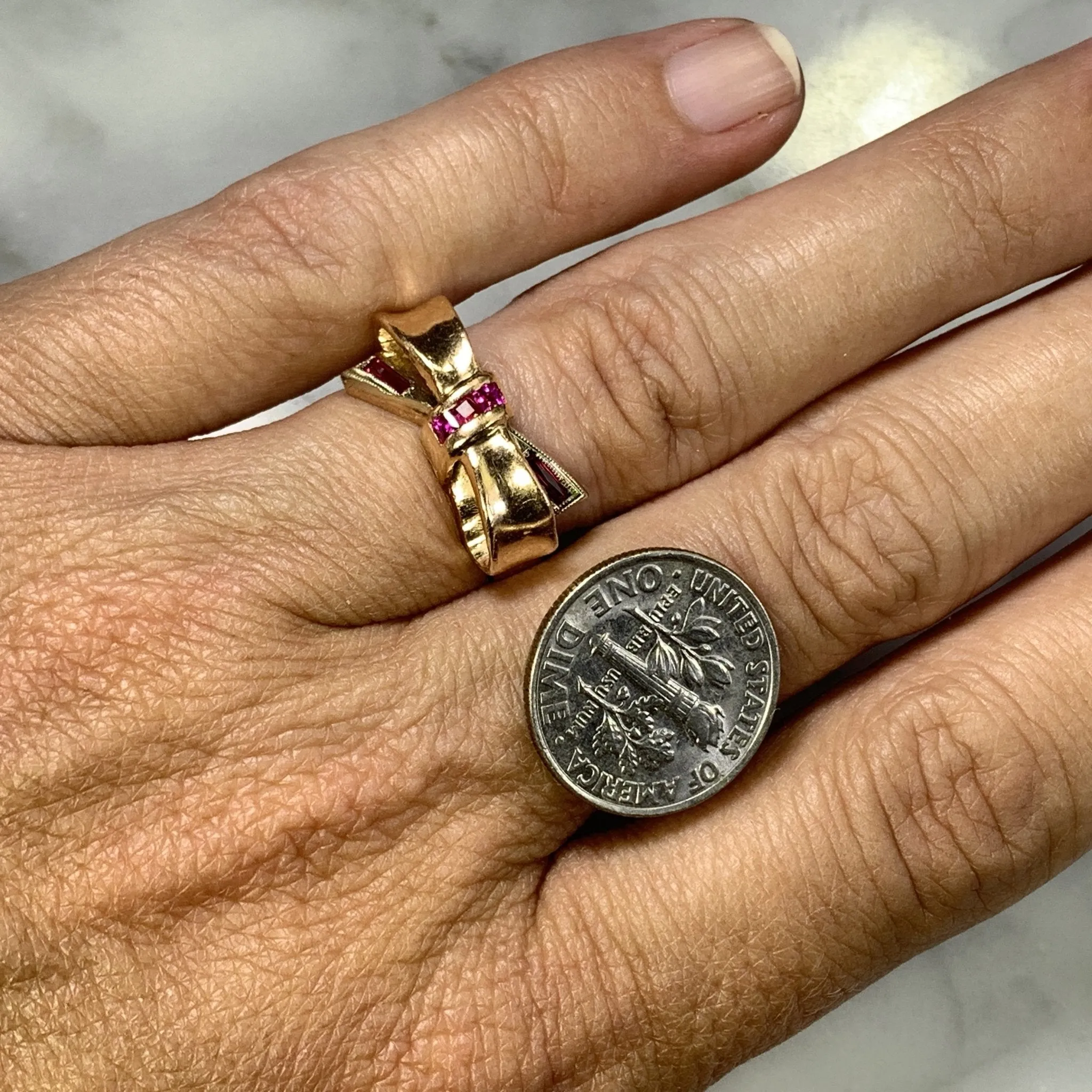 1940s Ruby Bow Shaped Ring set in 14K Yellow Gold. July Birthstone. 15th Anniversary Gift.