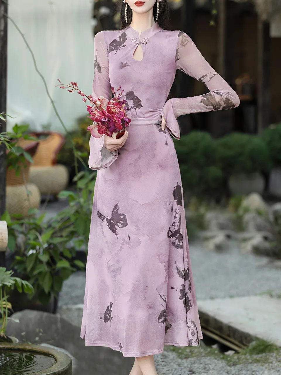 1950S Vintage Purple Butterfly Print Long Sleeve Swing Dress