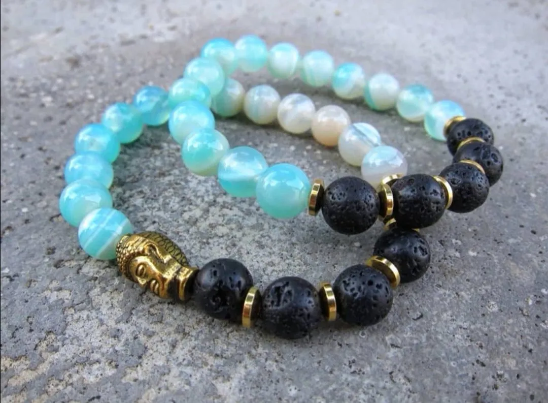 2 piece set - Natural Lava Stone and Teal Blue Agate Mala Bracelets