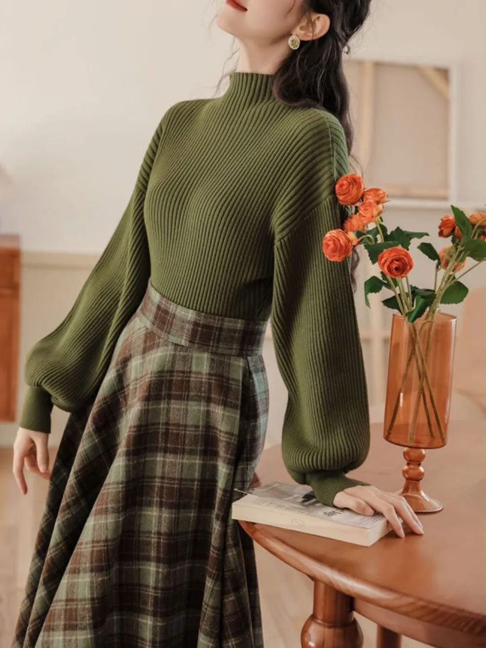 2PS Green Sweater And Plaid Swing Skirt 1950S Vintage Audrey Hepburn's Style Outfits