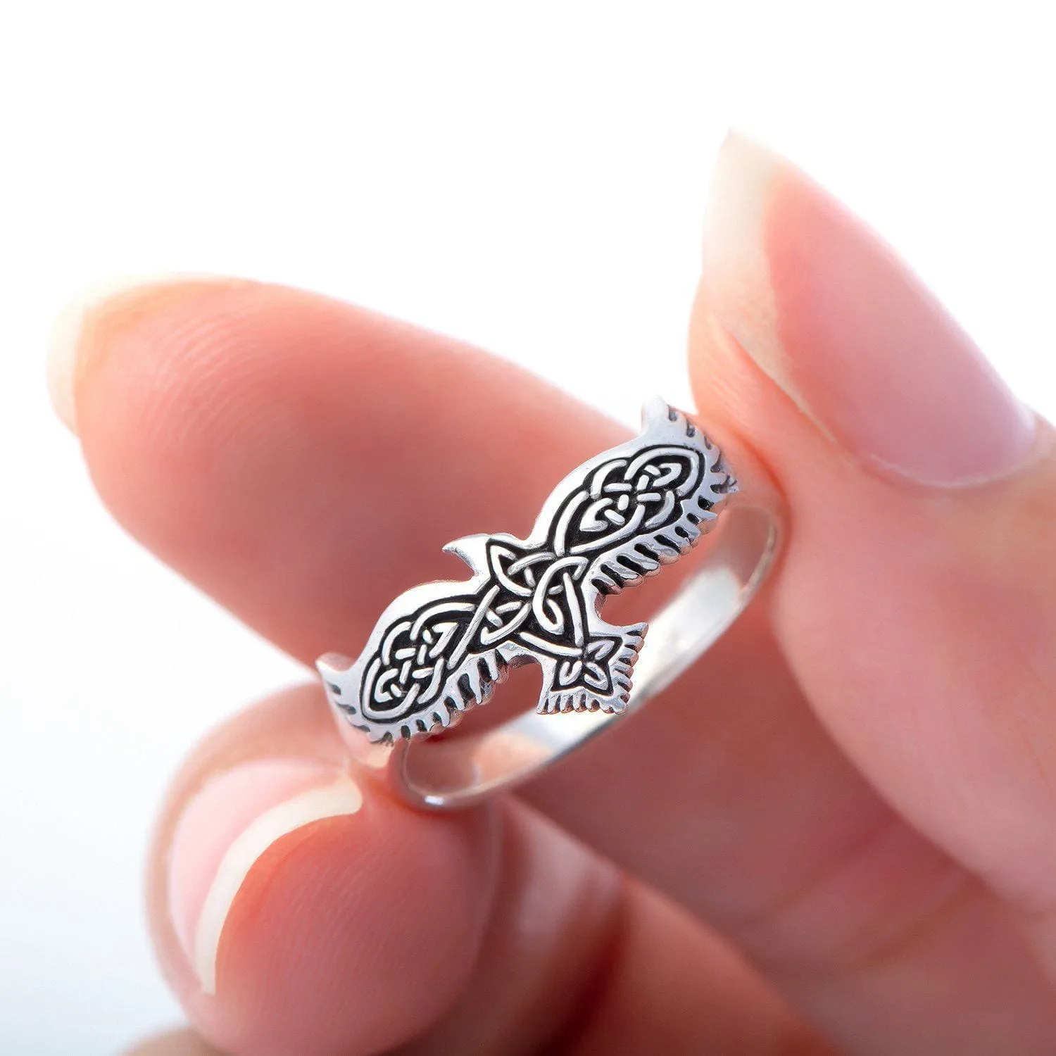 925 Sterling Silver Ladies Raven and Celtic Knotwork Ring