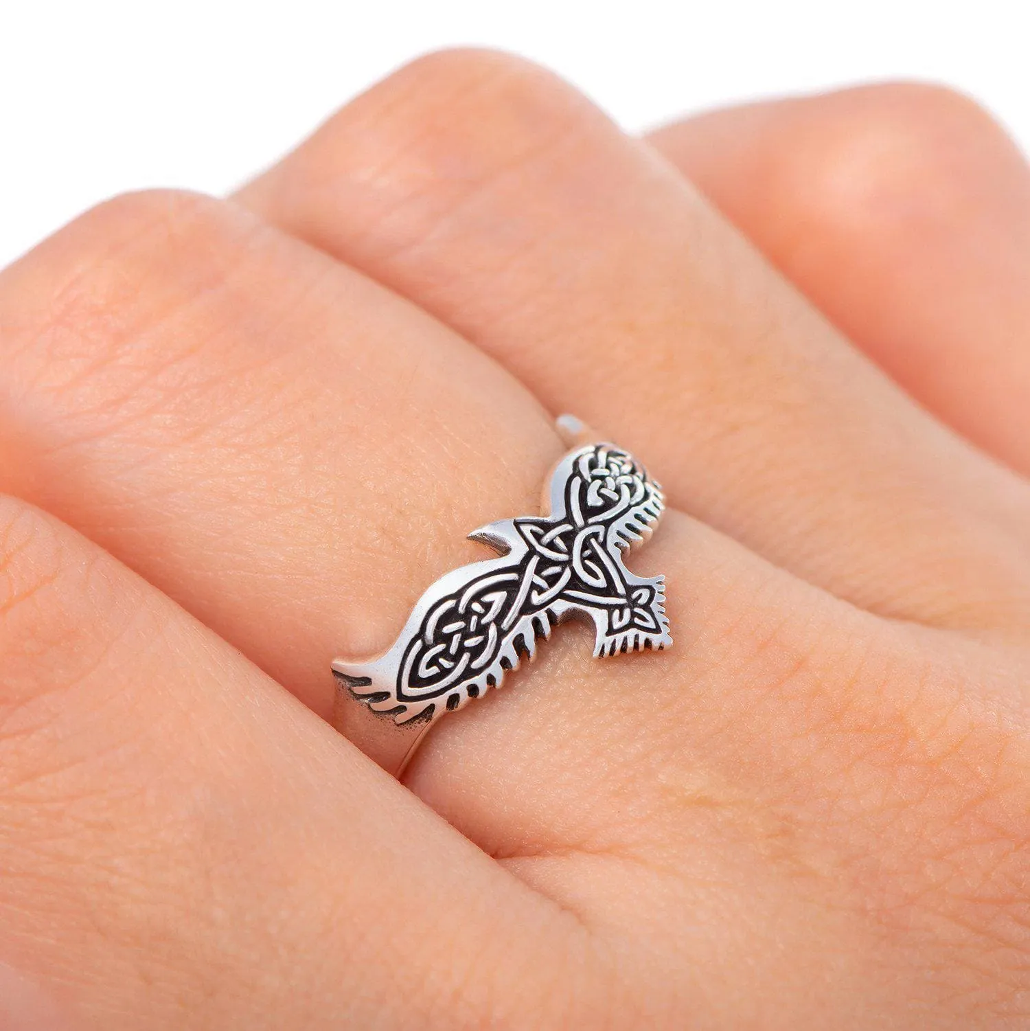 925 Sterling Silver Ladies Raven and Celtic Knotwork Ring