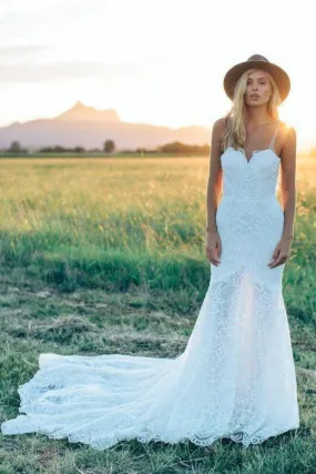 A Line Bohemian Low V Back Full Lace Beach Garden Bridal Gowns-715318