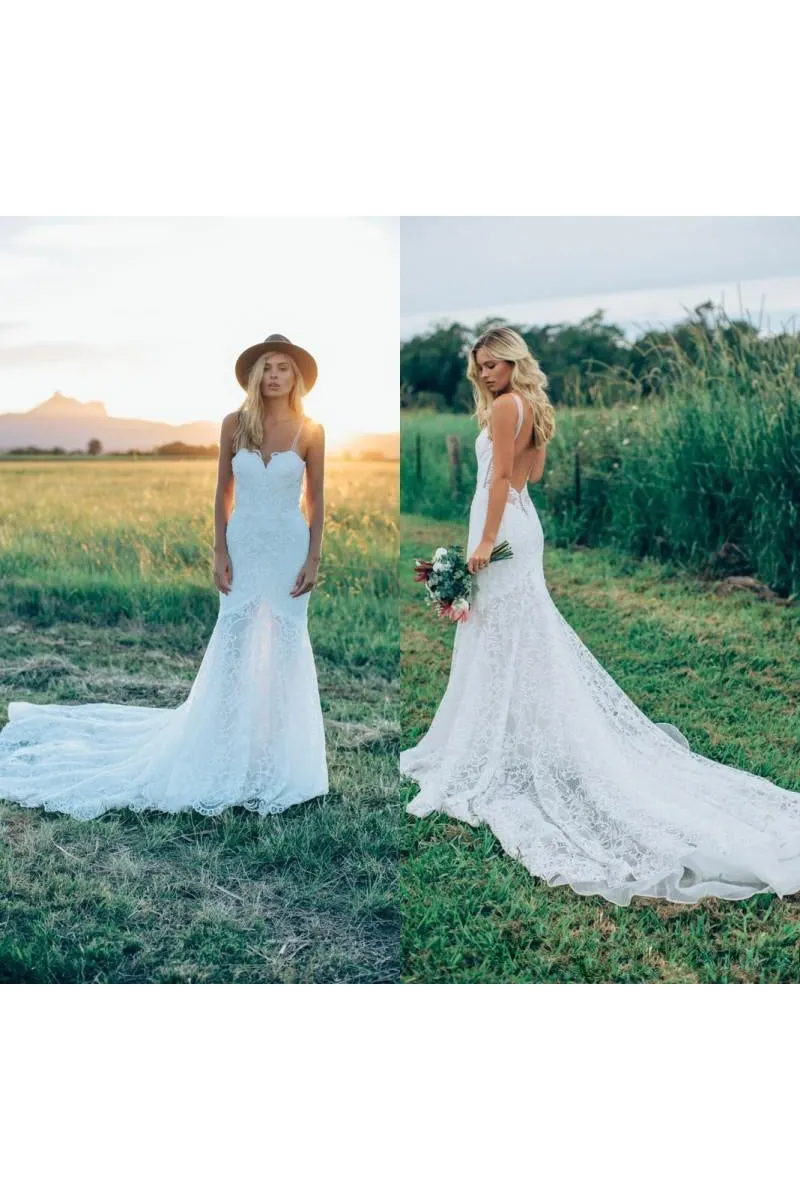 A Line Bohemian Low V Back Full Lace Beach Garden Bridal Gowns-715318