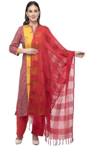 A R Silk Women's Cotton Window Check Redish Mehroon Regular Dupatta