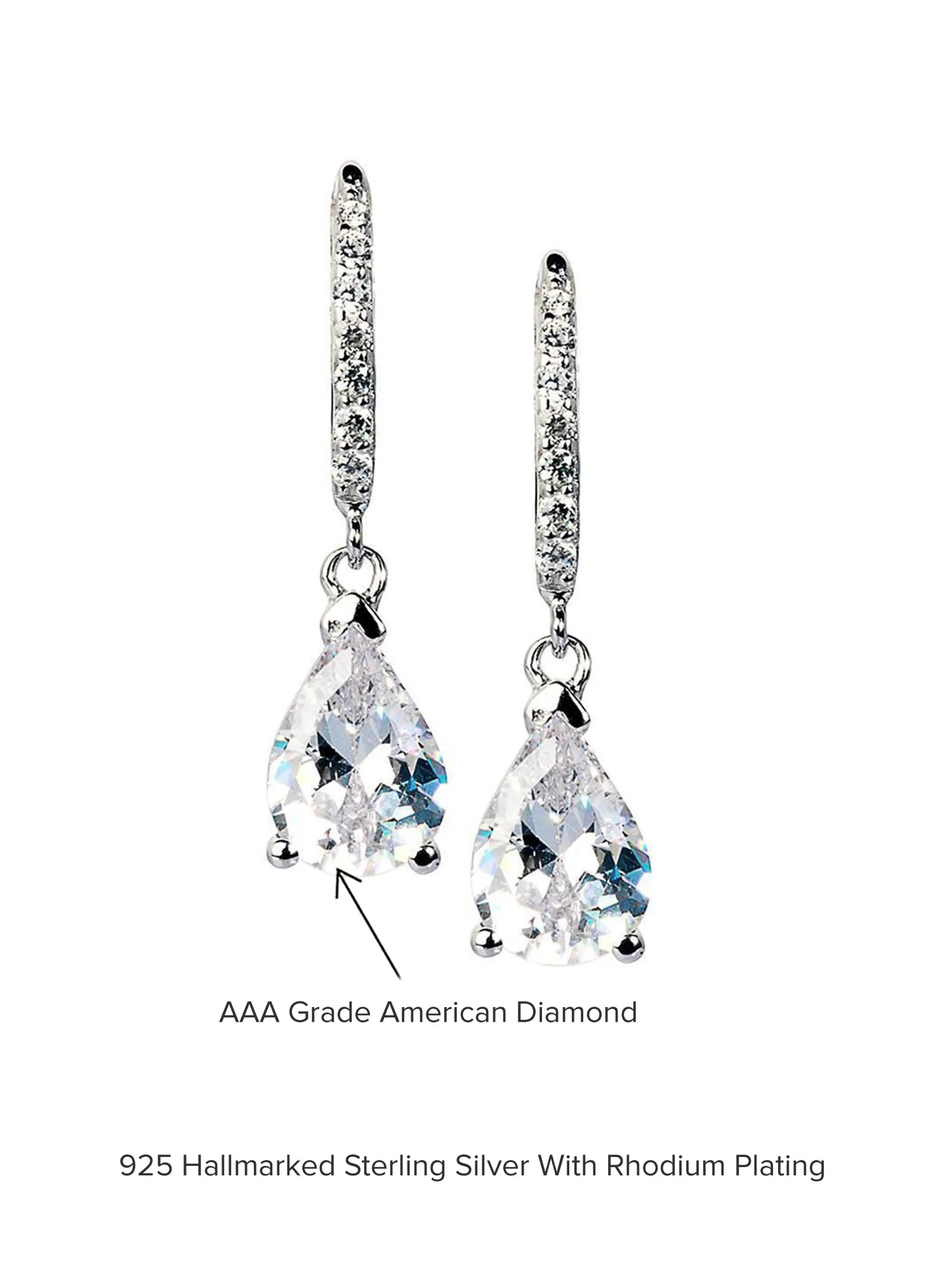 American Diamond Pear Drop 925 Silver Earrings For Women