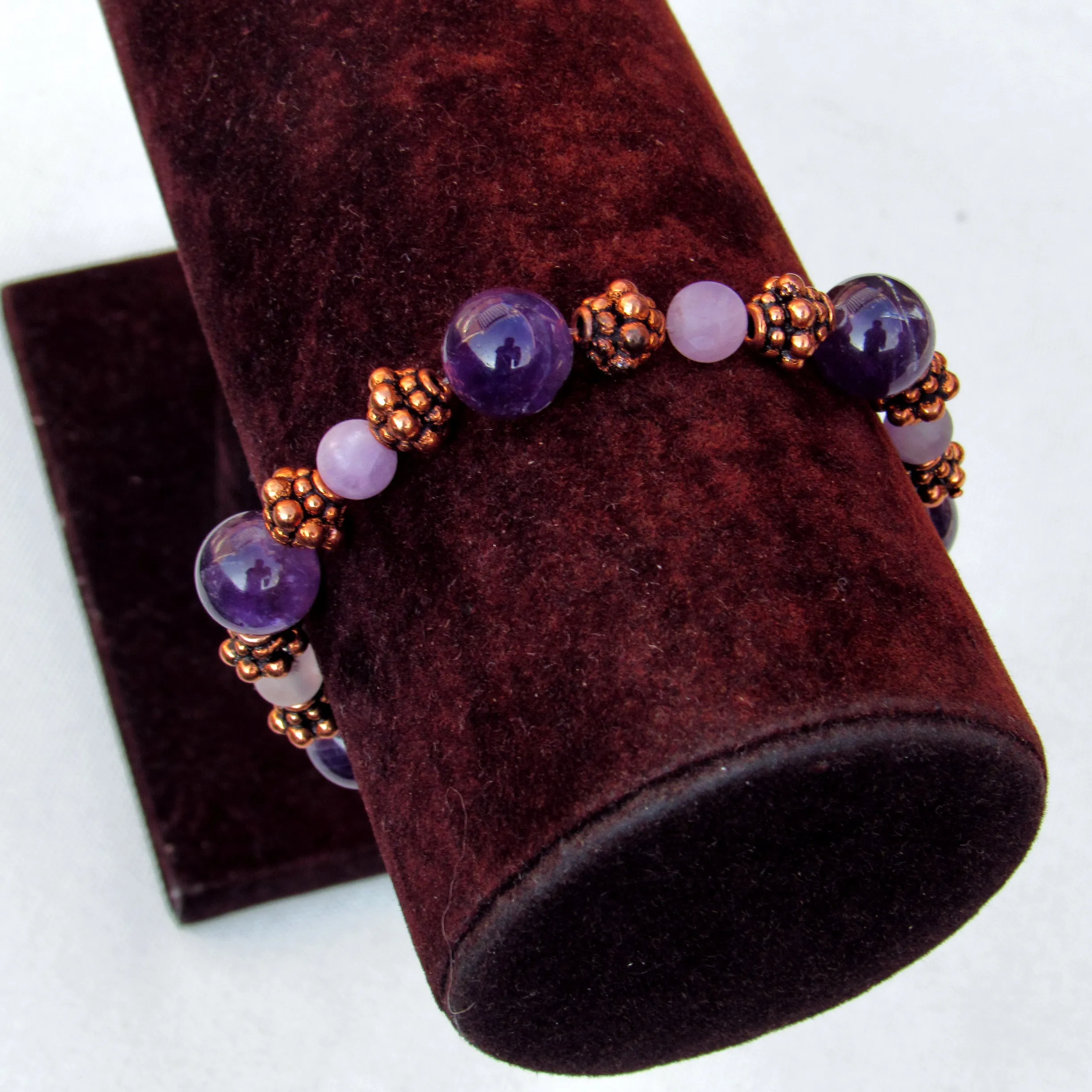 Amethyst gemstone and Copper Beaded Stretch Bracelet