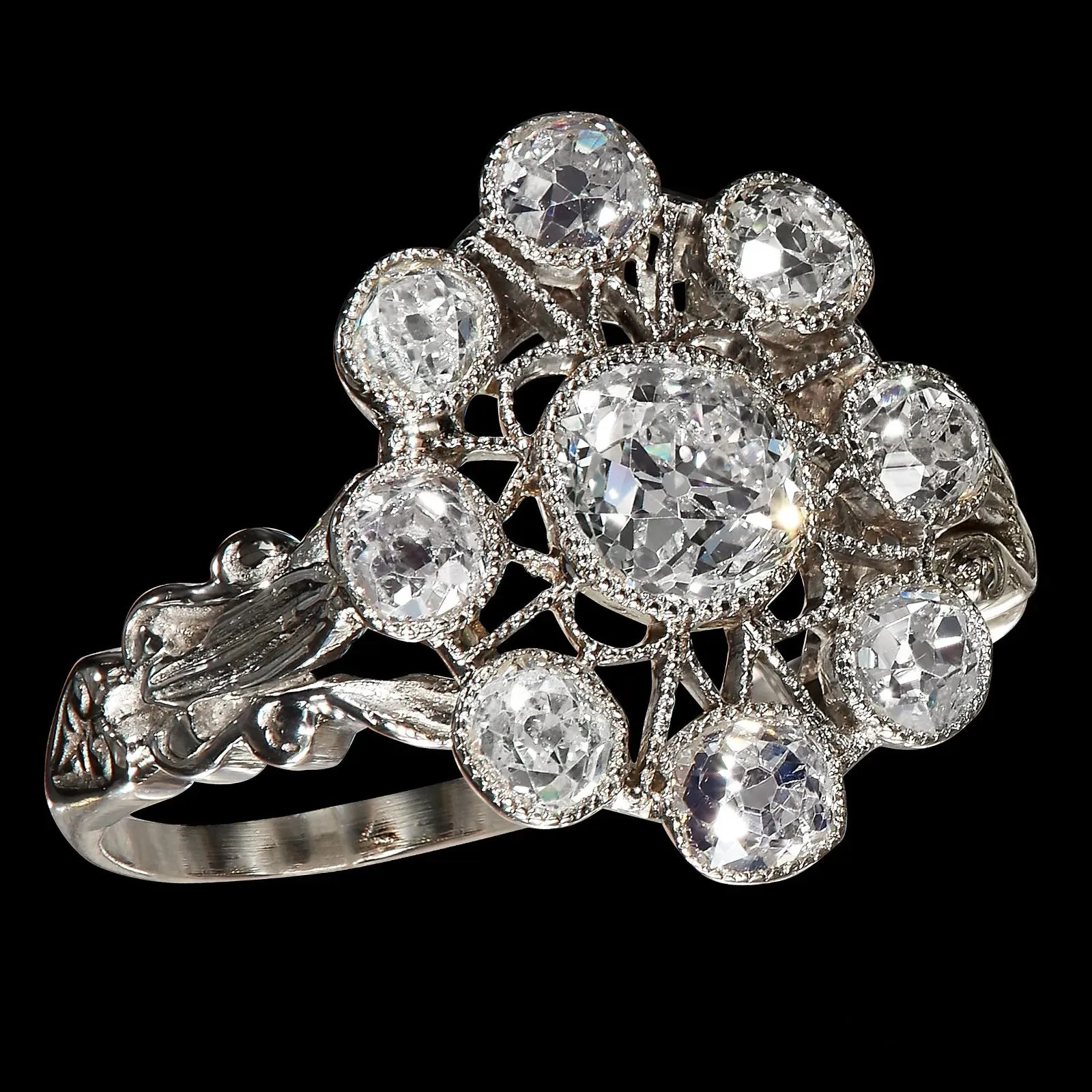 Art Deco 1.65ctw Antique Old European Diamond Cocktail Cluster Platinum Ring, EGL USA