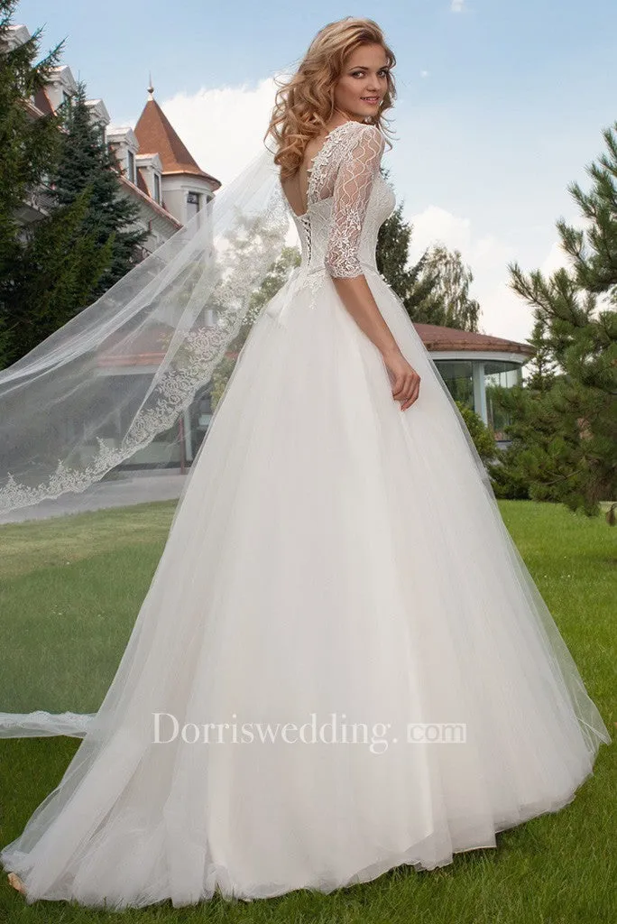 Ball Gown Jewel Neck Appliqued Half Sleeve Tulle Wedding Dress