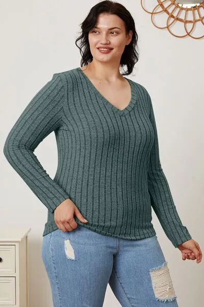 Basic Bae Ribbed V-Neck Long Sleeve T-Shirt