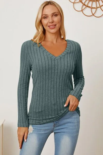 Basic Bae Ribbed V-Neck Long Sleeve T-Shirt