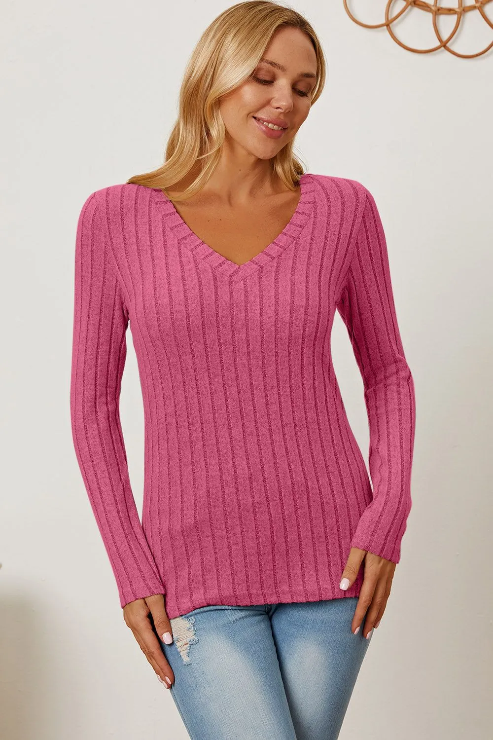 Basic Bae Ribbed V-Neck Long Sleeve T-Shirt