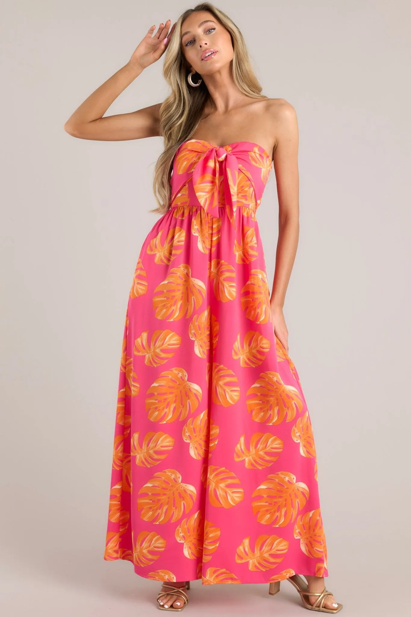 Beach Bliss Hot Pink & Orange Tropical Print Strapless Jumpsuit