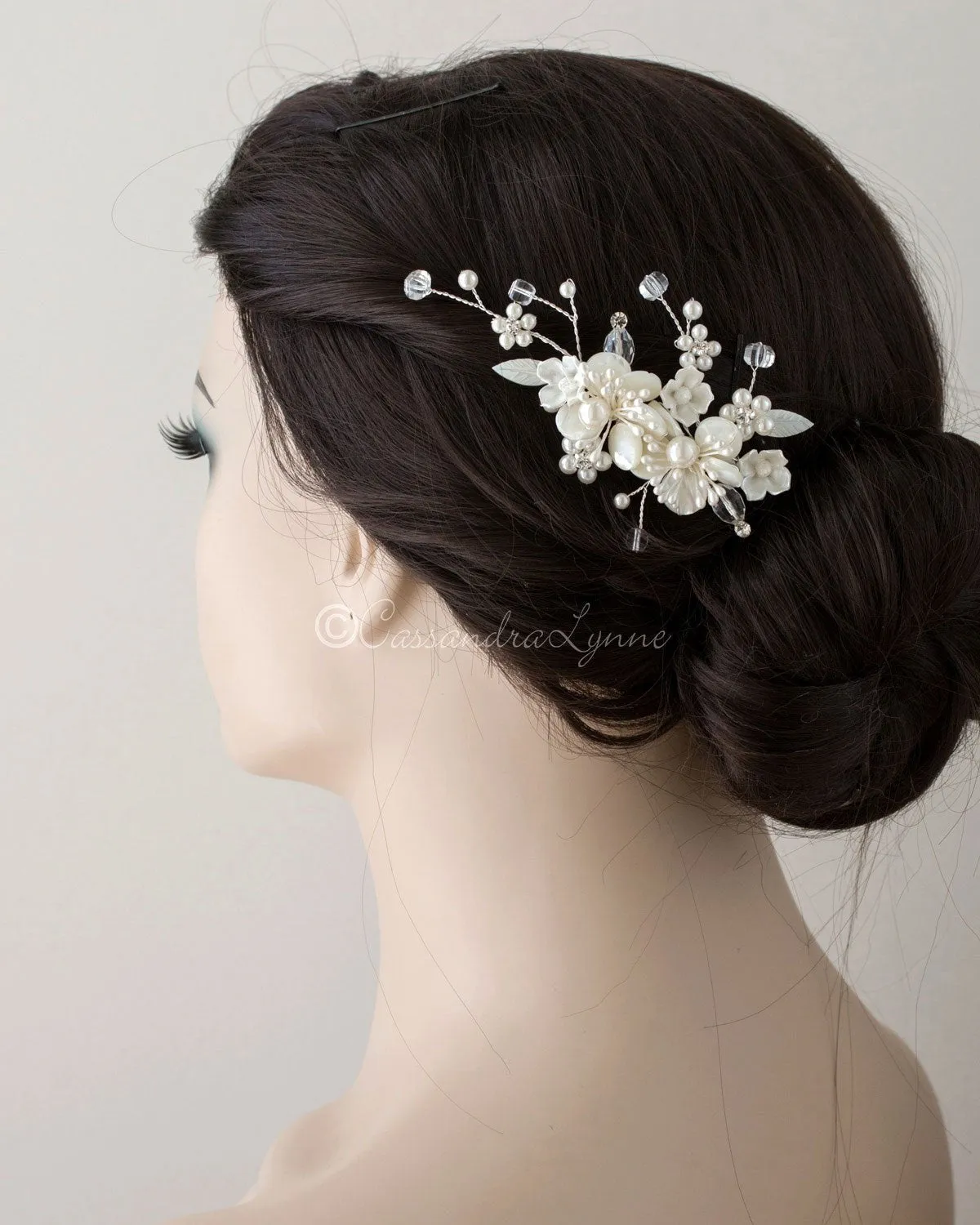 Beach Wedding Comb of Shell Flowers and Crystal