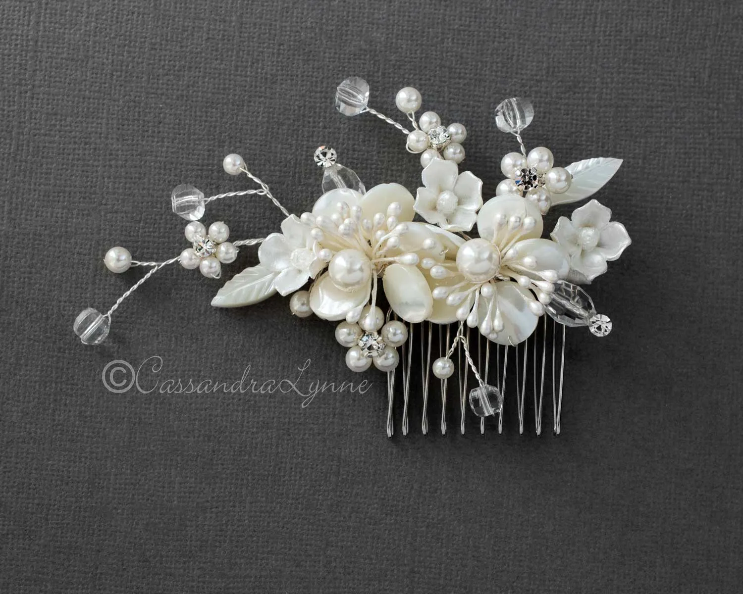 Beach Wedding Comb of Shell Flowers and Crystal