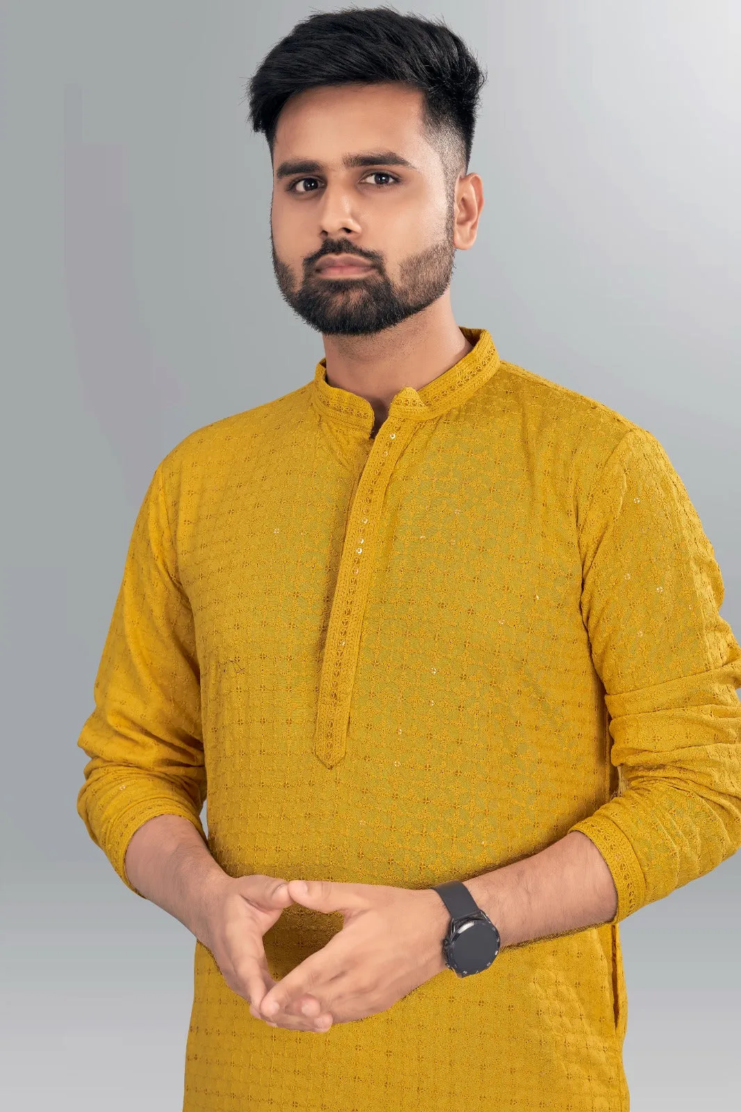 Beautiful Mens Chikankari Long Yellow Kurta