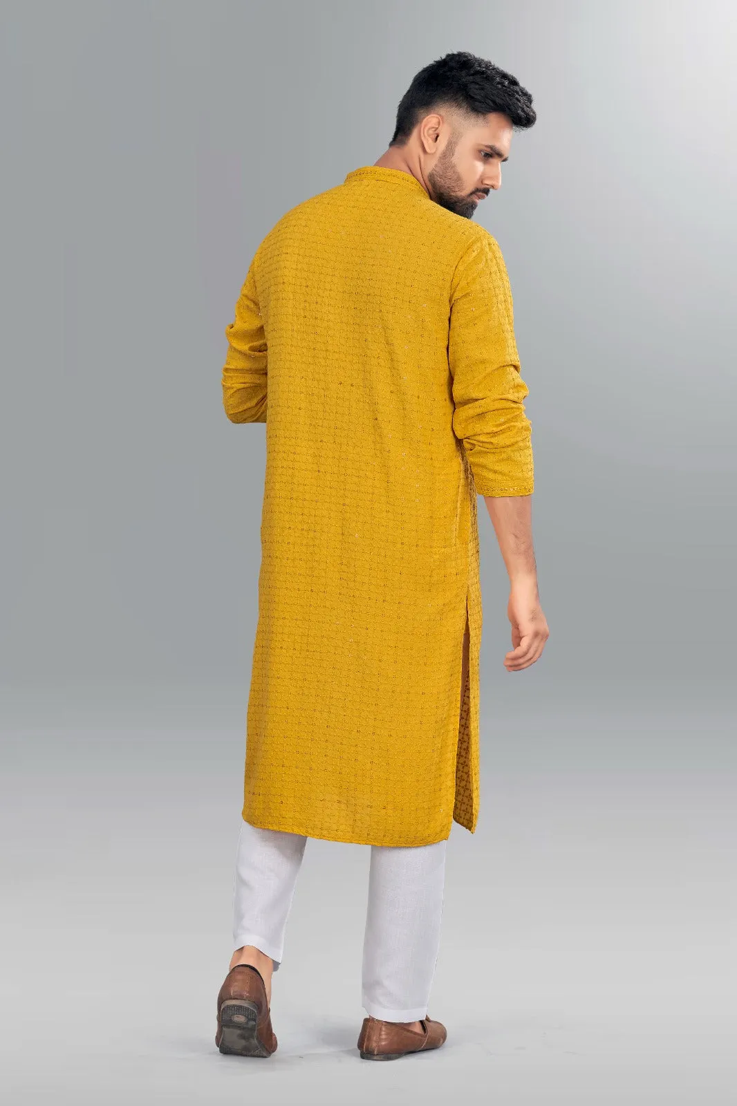 Beautiful Mens Chikankari Long Yellow Kurta