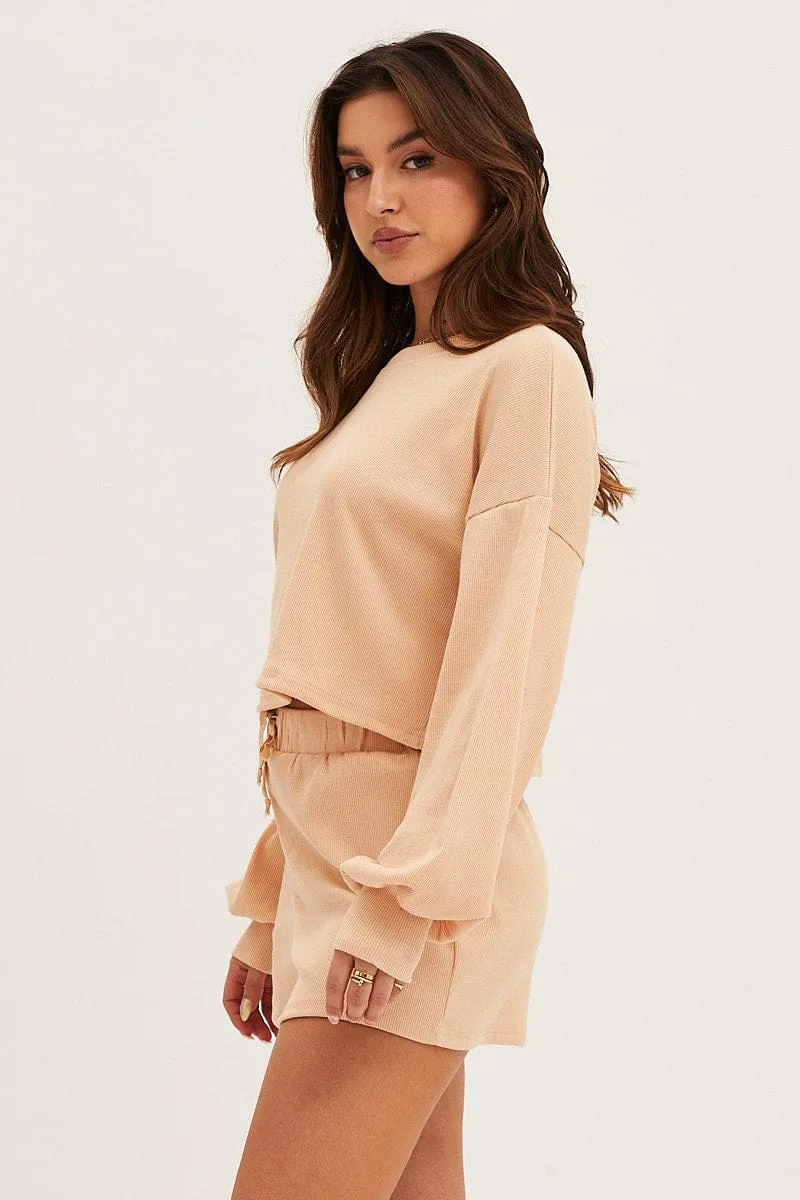 Beige Loungewear Shirts Crop Cotton