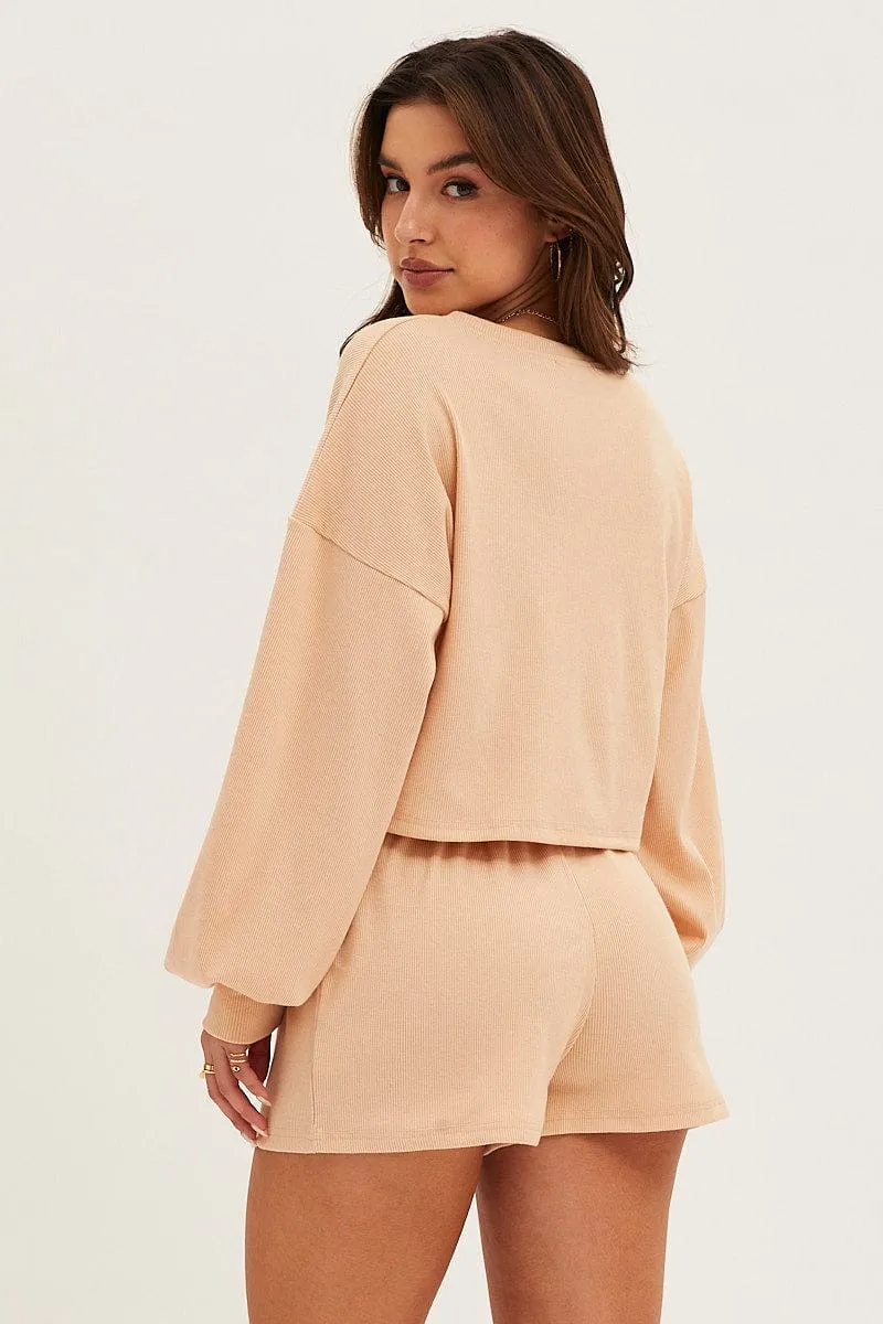 Beige Loungewear Shirts Crop Cotton