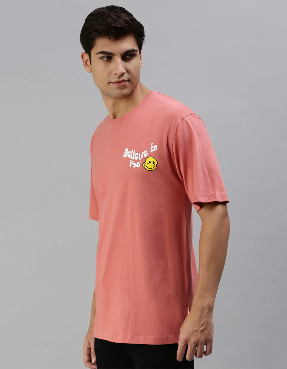 Believe in You Peach Oversized Pocket Graphic Printed Tshirt