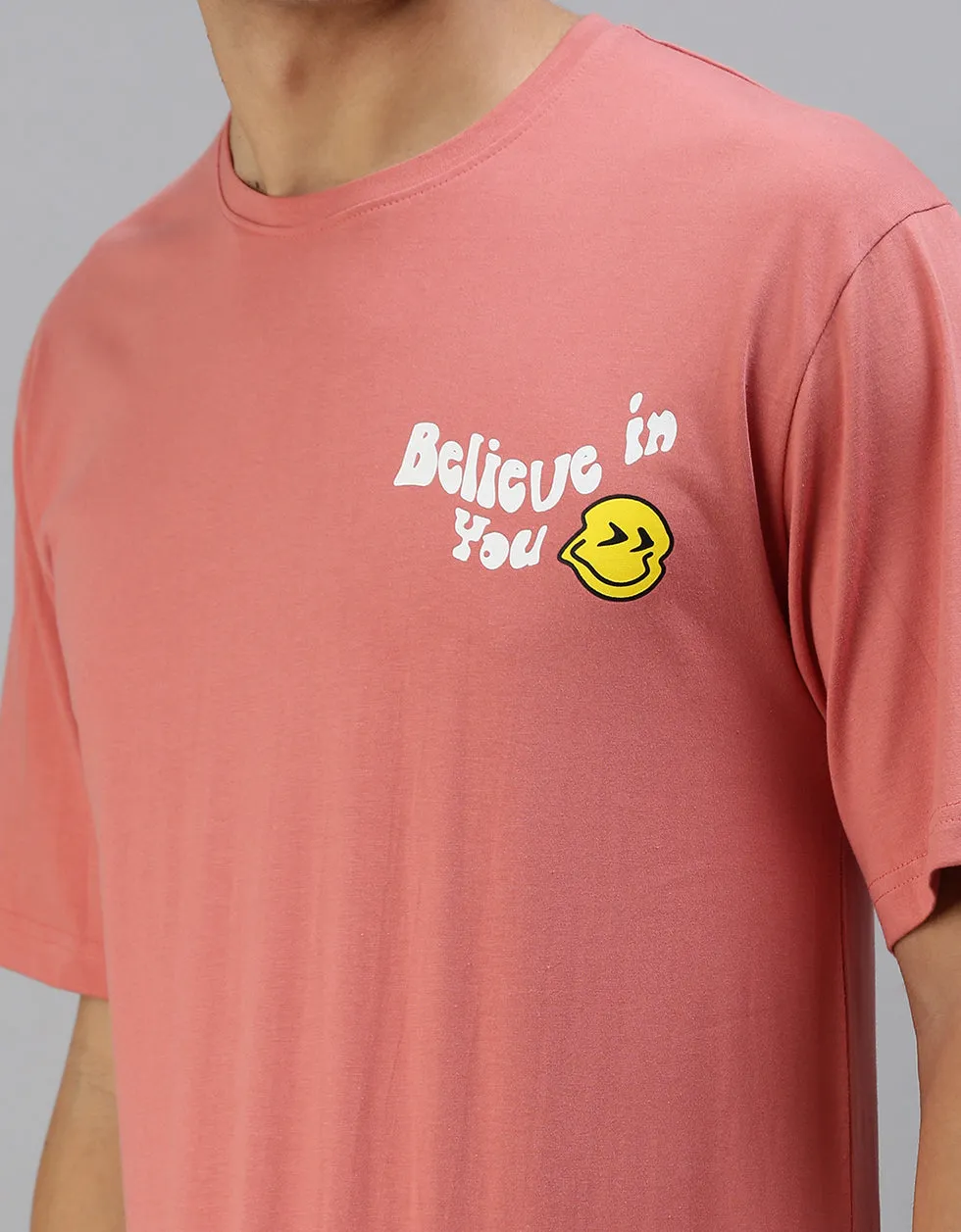 Believe in You Peach Oversized Pocket Graphic Printed Tshirt