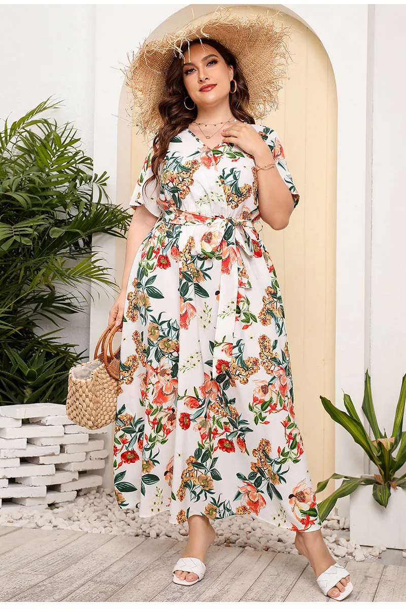 BerriesJam - 2024Plus Size V Neck Elegant Floral Short Sleeve Maxi Dress