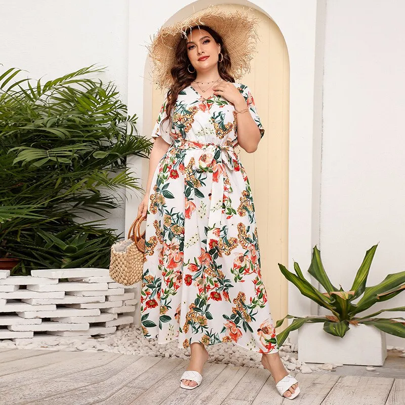 BerriesJam - 2024Plus Size V Neck Elegant Floral Short Sleeve Maxi Dress