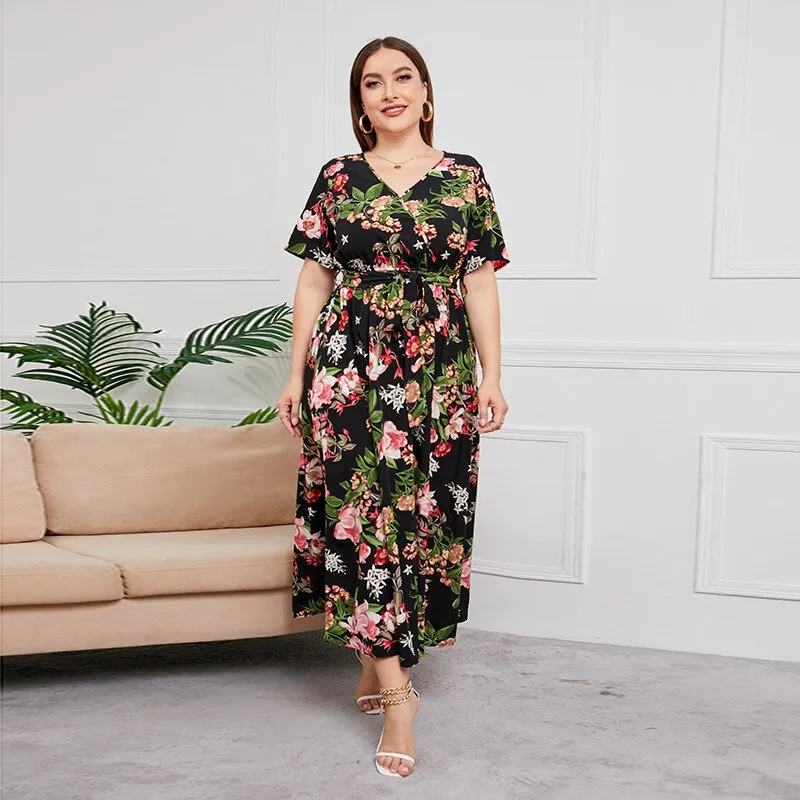 BerriesJam - 2024Plus Size V Neck Elegant Floral Short Sleeve Maxi Dress