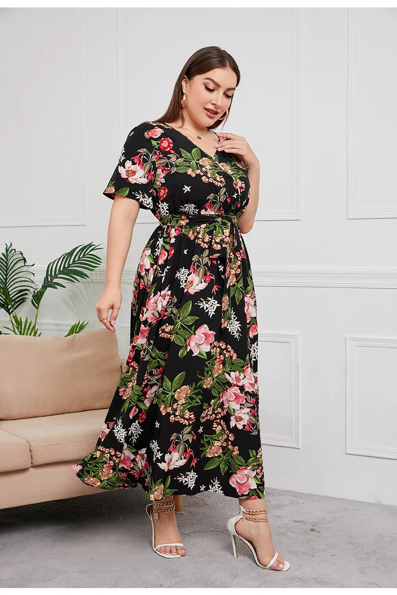 BerriesJam - 2024Plus Size V Neck Elegant Floral Short Sleeve Maxi Dress