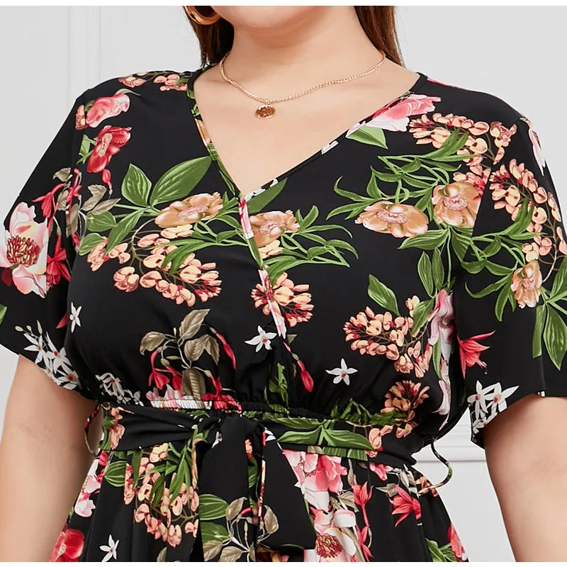 BerriesJam - 2024Plus Size V Neck Elegant Floral Short Sleeve Maxi Dress