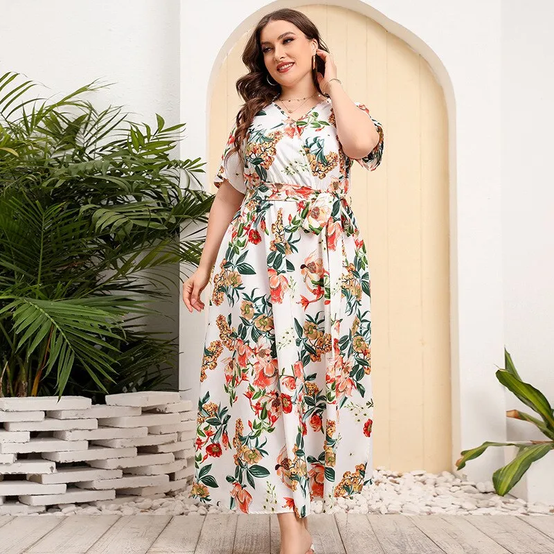 BerriesJam - 2024Plus Size V Neck Elegant Floral Short Sleeve Maxi Dress