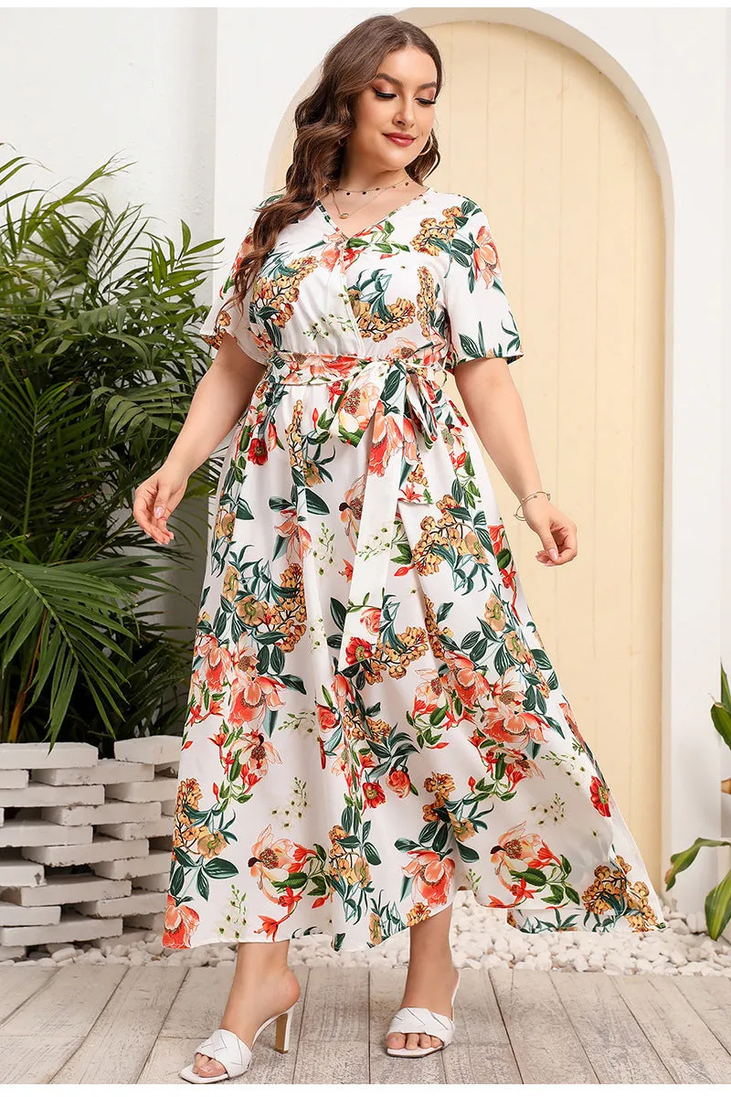 BerriesJam - 2024Plus Size V Neck Elegant Floral Short Sleeve Maxi Dress