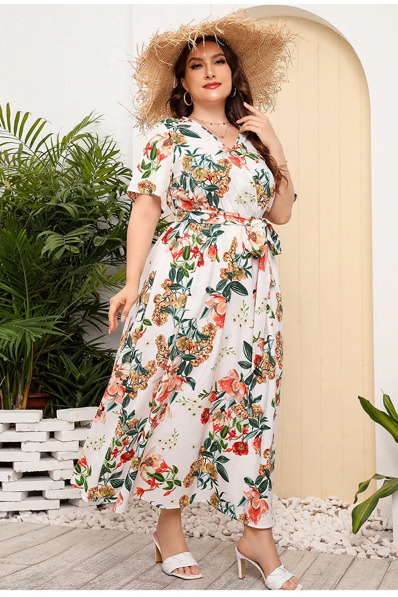 BerriesJam - 2024Plus Size V Neck Elegant Floral Short Sleeve Maxi Dress