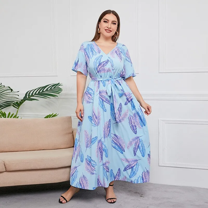 BerriesJam - 2024Plus Size V Neck Elegant Floral Short Sleeve Maxi Dress