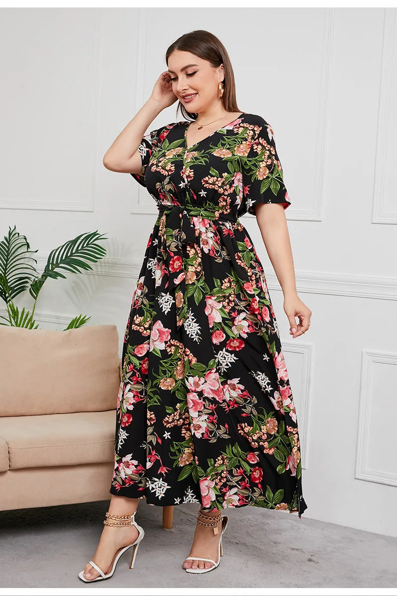 BerriesJam - 2024Plus Size V Neck Elegant Floral Short Sleeve Maxi Dress