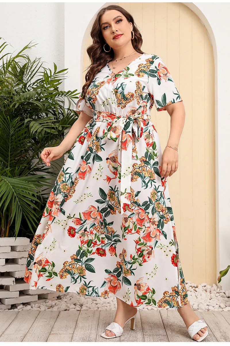 BerriesJam - 2024Plus Size V Neck Elegant Floral Short Sleeve Maxi Dress