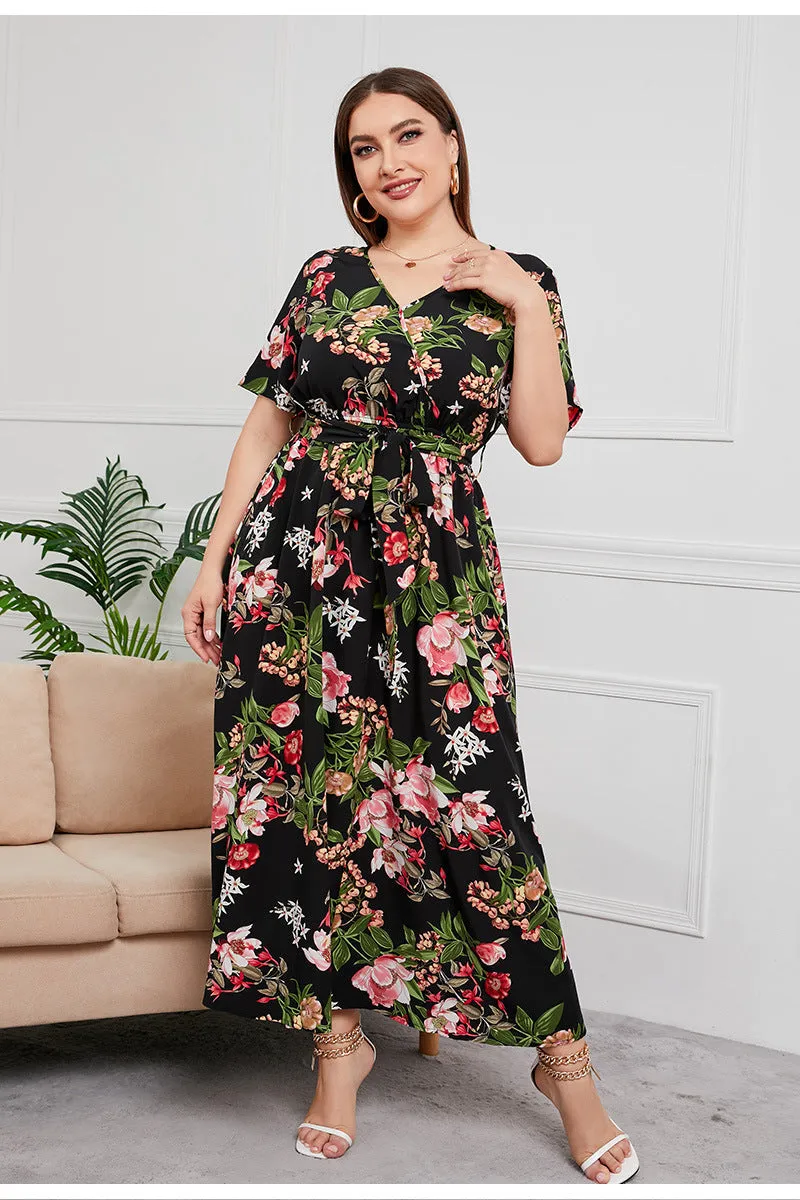 BerriesJam - 2024Plus Size V Neck Elegant Floral Short Sleeve Maxi Dress