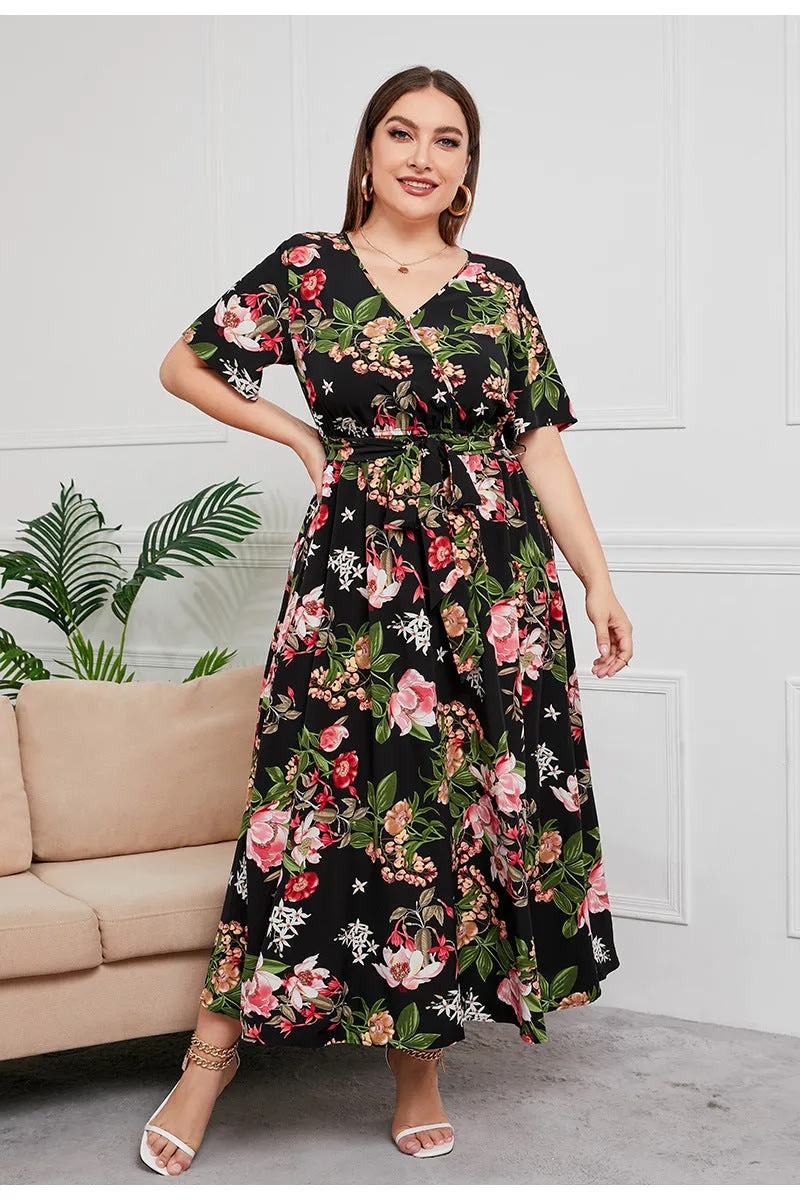 BerriesJam - 2024Plus Size V Neck Elegant Floral Short Sleeve Maxi Dress